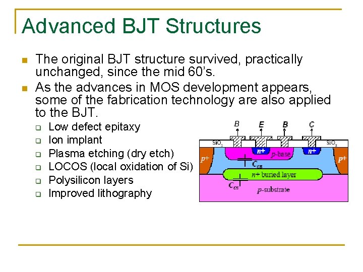 Advanced BJT Structures n n The original BJT structure survived, practically unchanged, since the