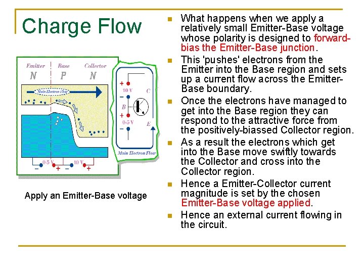 Charge Flow n n n Apply an Emitter-Base voltage n What happens when we