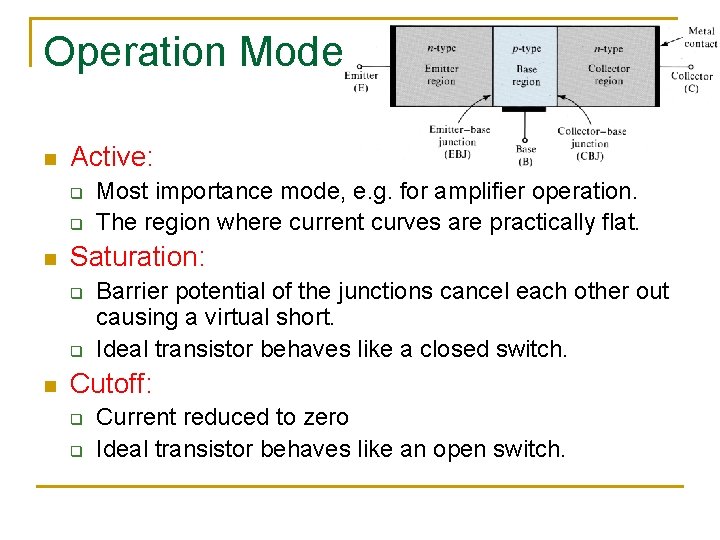 Operation Mode n Active: q q n Saturation: q q n Most importance mode,