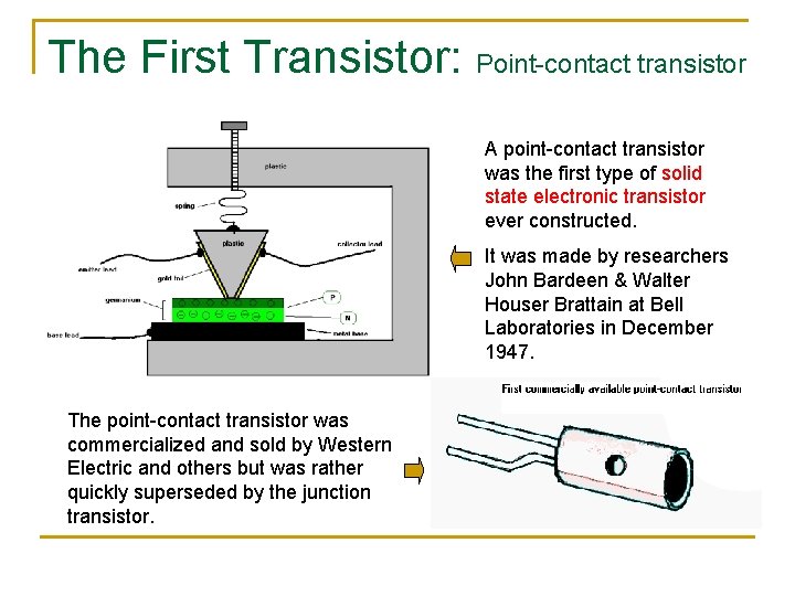 The First Transistor: Point-contact transistor A point-contact transistor was the first type of solid