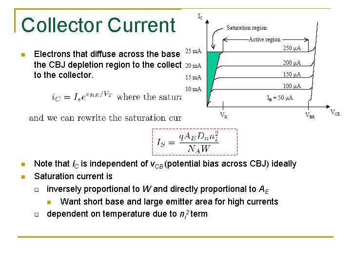 Collector Current n Electrons that diffuse across the base to the CBJ junction are