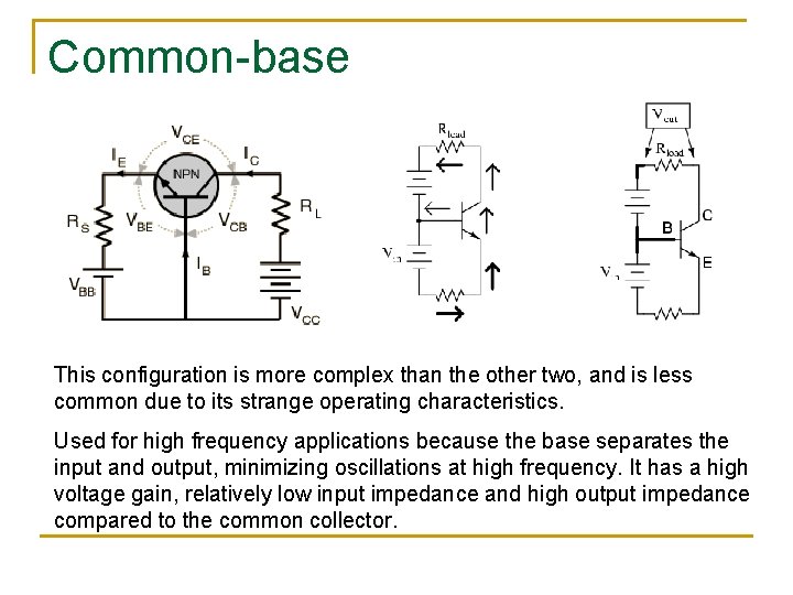 Common-base This configuration is more complex than the other two, and is less common Common-base This configuration is more complex than the other two, and is less common