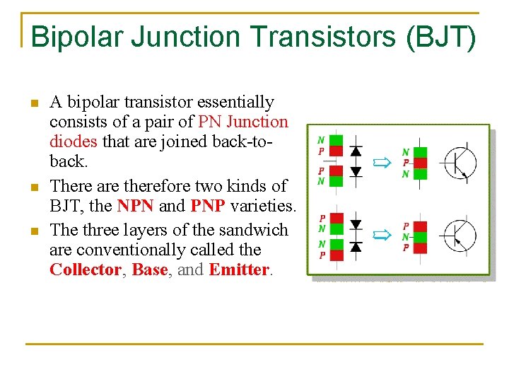 Bipolar Junction Transistors (BJT) n n n A bipolar transistor essentially consists of a