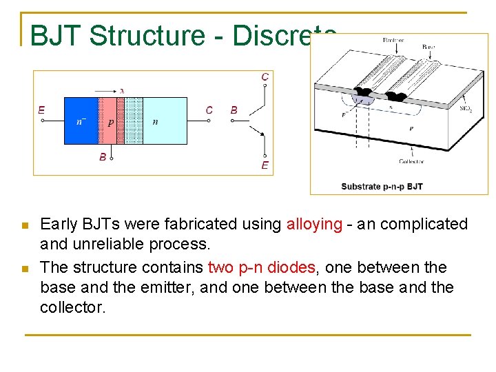 BJT Structure - Discrete n n Early BJTs were fabricated using alloying - an