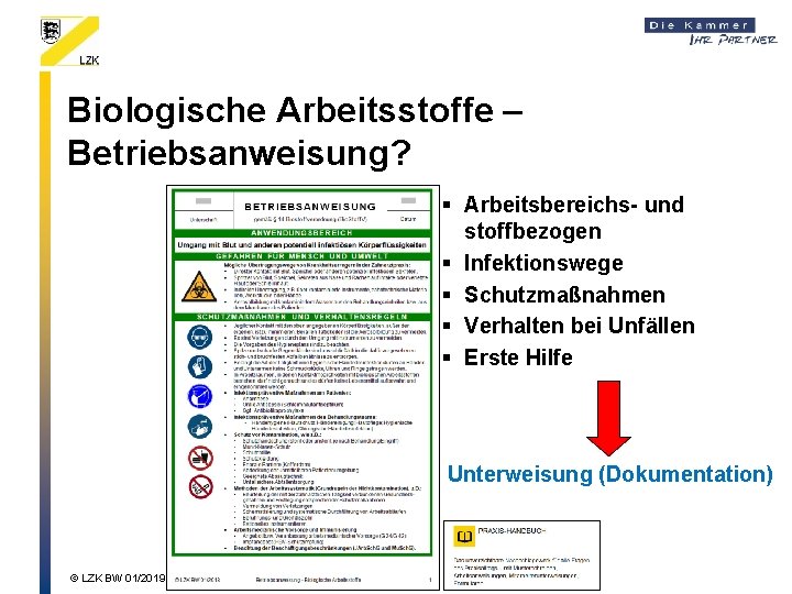 Biologische Arbeitsstoffe – Betriebsanweisung? § Arbeitsbereichs- und stoffbezogen § Infektionswege § Schutzmaßnahmen § Verhalten