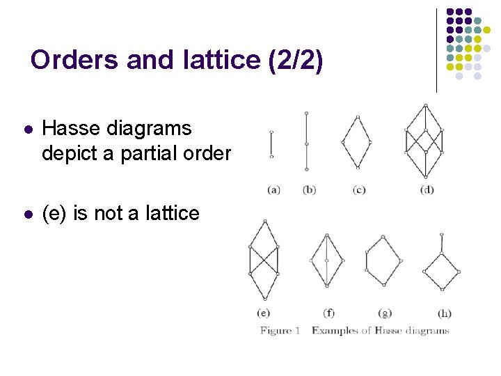 Orders and lattice (2/2) l Hasse diagrams depict a partial order l (e) is