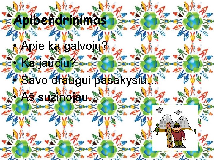 Apibendrinimas • • Apie ką galvoju? Ką jaučiu? Savo draugui pasakysiu. . . Aš