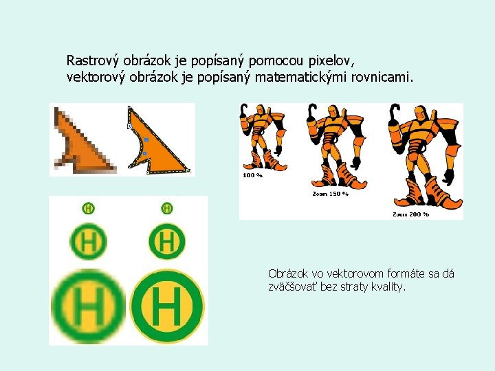 Rastrový obrázok je popísaný pomocou pixelov, vektorový obrázok je popísaný matematickými rovnicami. Obrázok vo