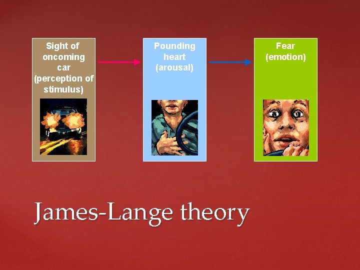 Sight of oncoming car (perception of stimulus) Pounding heart (arousal) James-Lange theory Fear (emotion)