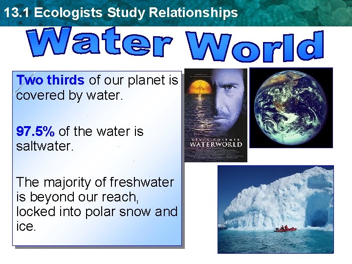 13. 1 Ecologists Study Relationships Two thirds of our planet is covered by water.