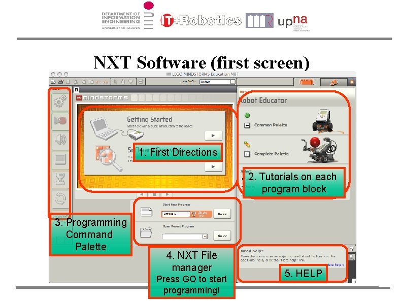 NXT Software (first screen) 1. First Directions 2. Tutorials on each program block 3.