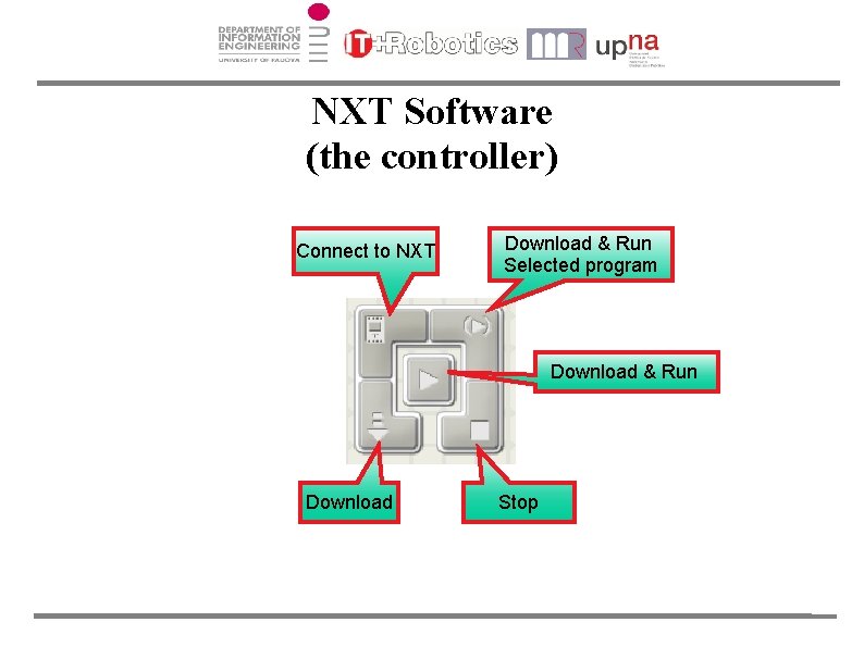 NXT Software (the controller) Connect to NXT Download & Run Selected program Download &