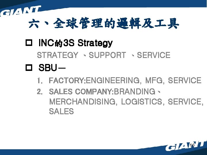 六、全球管理的邏輯及 具 p INC的3 S Strategy STRATEGY 、SUPPORT 、SERVICE p SBU－ 1. FACTORY: ENGINEERING,