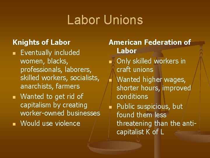 Labor Unions Knights of Labor n Eventually included women, blacks, professionals, laborers, skilled workers,