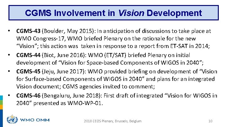 CGMS Involvement in Vision Development Timeline • CGMS-43 (Boulder, May 2015): In anticipation of