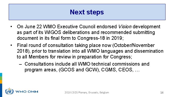 Next steps • On June 22 WMO Executive Council endorsed Vision development as part