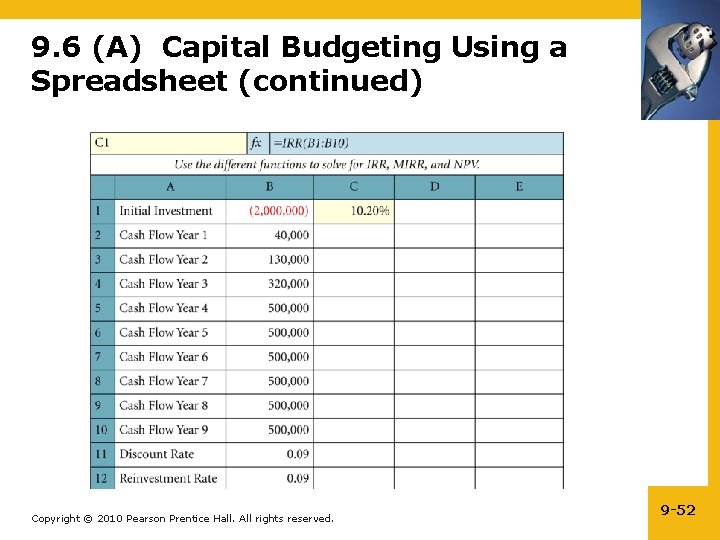 9. 6 (A) Capital Budgeting Using a Spreadsheet (continued) Copyright © 2010 Pearson Prentice