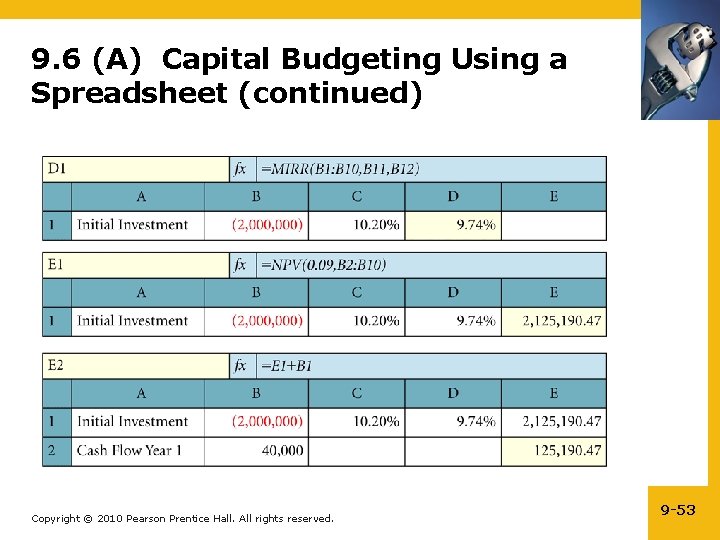 9. 6 (A) Capital Budgeting Using a Spreadsheet (continued) Copyright © 2010 Pearson Prentice