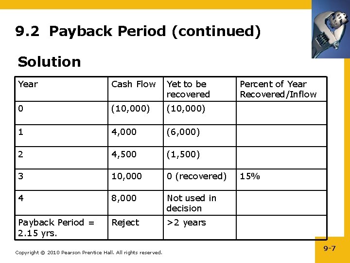 9. 2 Payback Period (continued) Solution Year Cash Flow Yet to be recovered 0