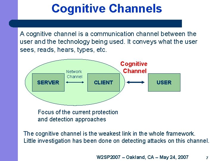 Cognitive Channels A cognitive channel is a communication channel between the user and the