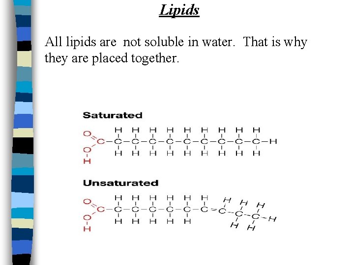 Lipids All lipids are not soluble in water. That is why they are placed