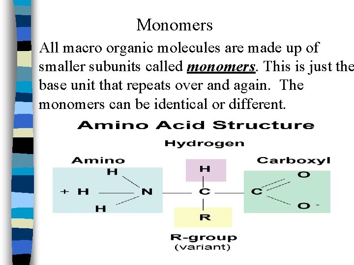 Monomers All macro organic molecules are made up of smaller subunits called monomers. This