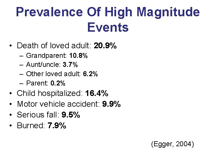 Prevalence Of High Magnitude Events • Death of loved adult: 20. 9% – –