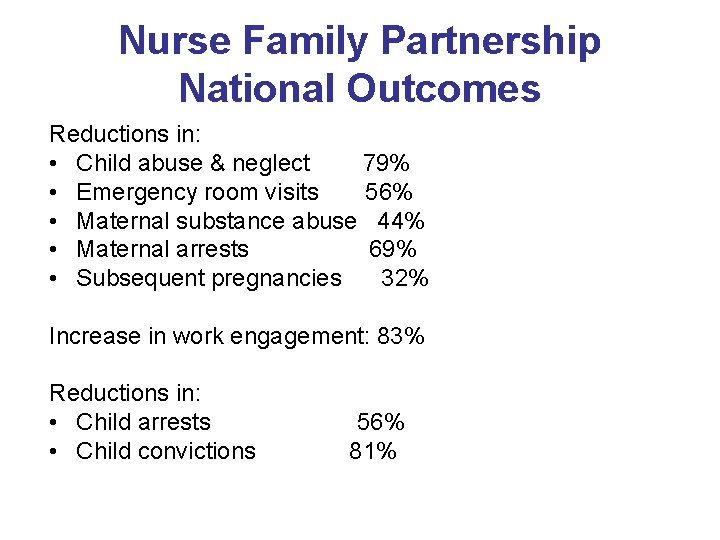 Nurse Family Partnership National Outcomes Reductions in: • Child abuse & neglect 79% •