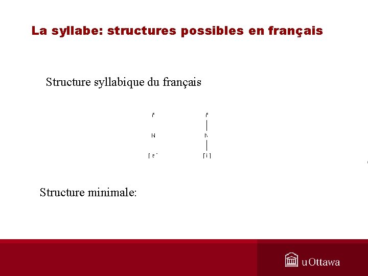 La syllabe: structures possibles en français Structure syllabique du français Structure minimale: 