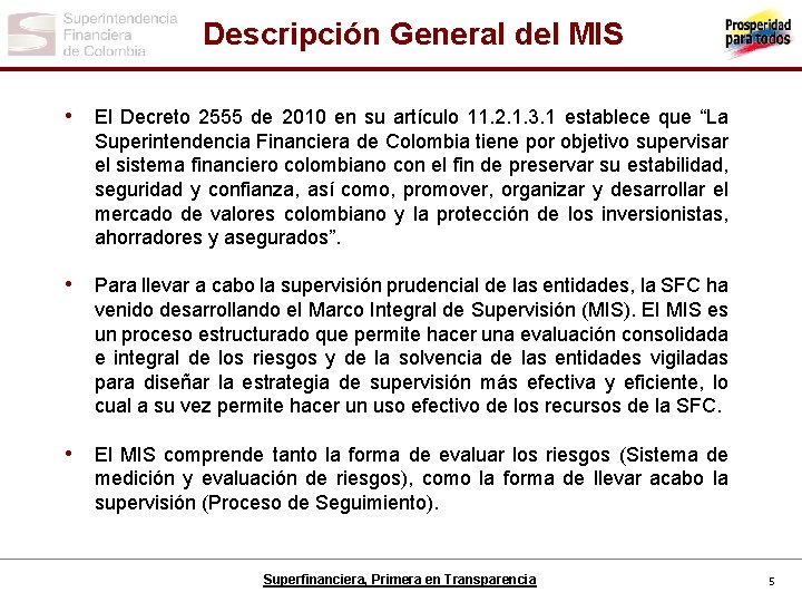 Descripción General del MIS • El Decreto 2555 de 2010 en su artículo 11.