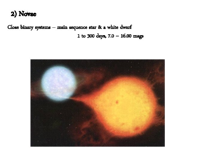 2) Novae Close binary systems – main sequence star & a white dwarf 1
