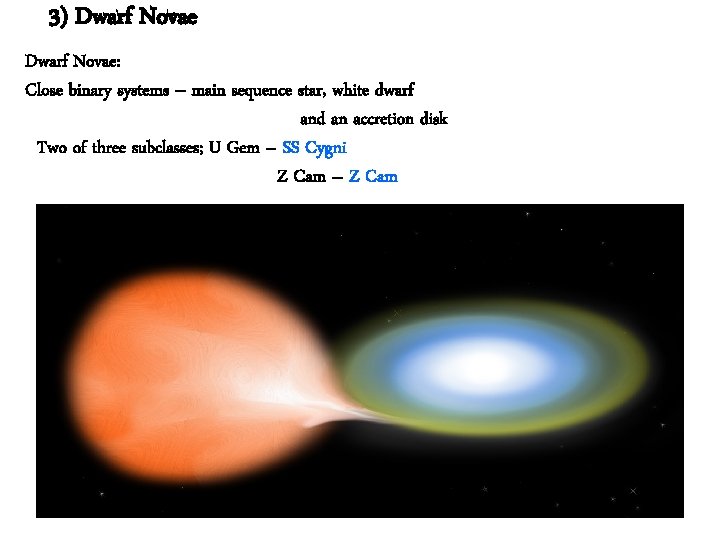 3) Dwarf Novae: Close binary systems – main sequence star, white dwarf and an