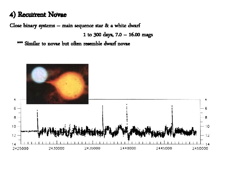 4) Recurrent Novae Close binary systems – main sequence star & a white dwarf