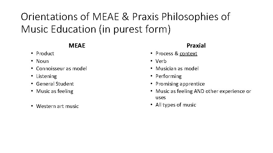 Orientations of MEAE & Praxis Philosophies of Music Education (in purest form) MEAE •