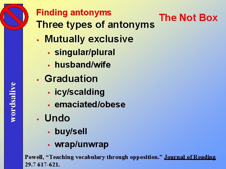 Finding antonyms Three types of antonyms w Mutually exclusive w wordsalive w w singular/plural