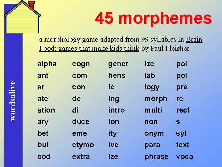 45 morphemes wordsalive a morphology game adapted from 99 syllables in Brain Food: games