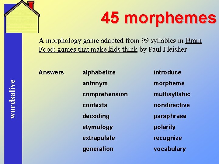 45 morphemes A morphology game adapted from 99 syllables in Brain Food: games that