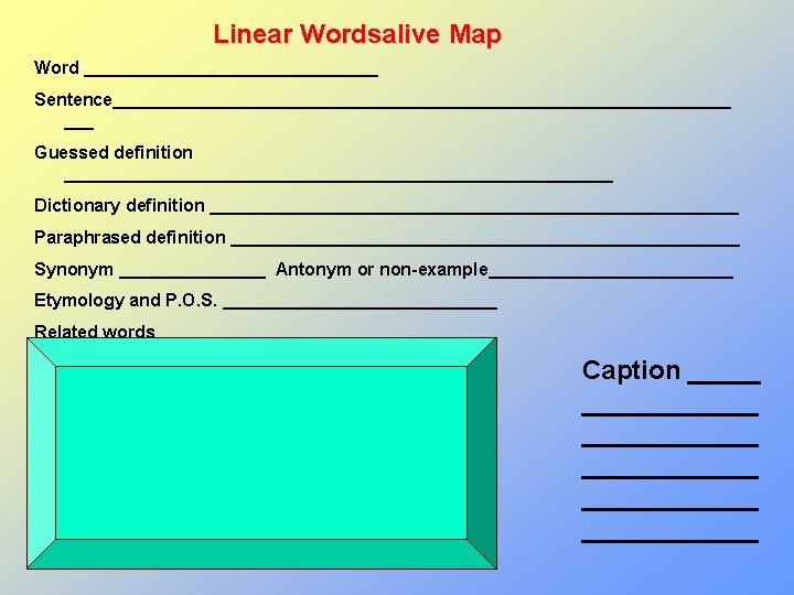 Linear Wordsalive Map Word _______________ Sentence________________________________ ___ Guessed definition ____________________________ Dictionary definition ___________________________ Paraphrased