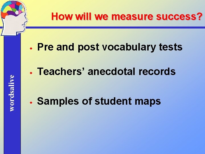 wordsalive How will we measure success? w Pre and post vocabulary tests w Teachers’