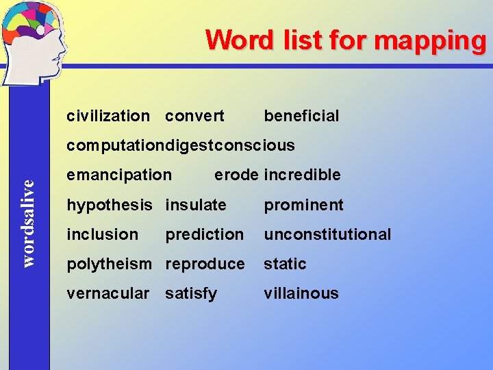 Word list for mapping civilization convert beneficial wordsalive computationdigestconscious emancipation erode incredible hypothesis insulate