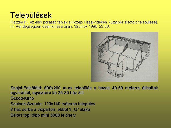 Települések Raczky P. : Az első paraszti falvak a Közép-Tisza-vidéken. (Szajol-Felsőföld települése). In: Vendégségben