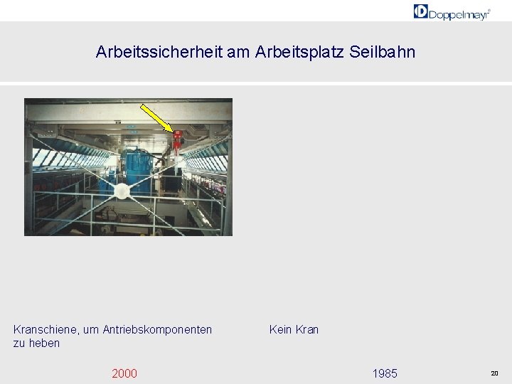 Arbeitssicherheit am Arbeitsplatz Seilbahn Kranschiene, um Antriebskomponenten zu heben 2000 Kein Kran 1985 20