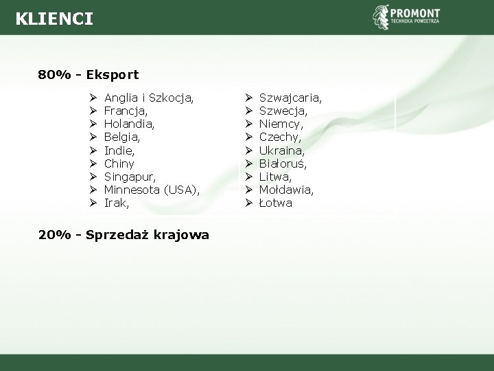 KLIENCI 80% - Eksport Ø Ø Ø Ø Ø Anglia i Szkocja, Francja, Holandia,