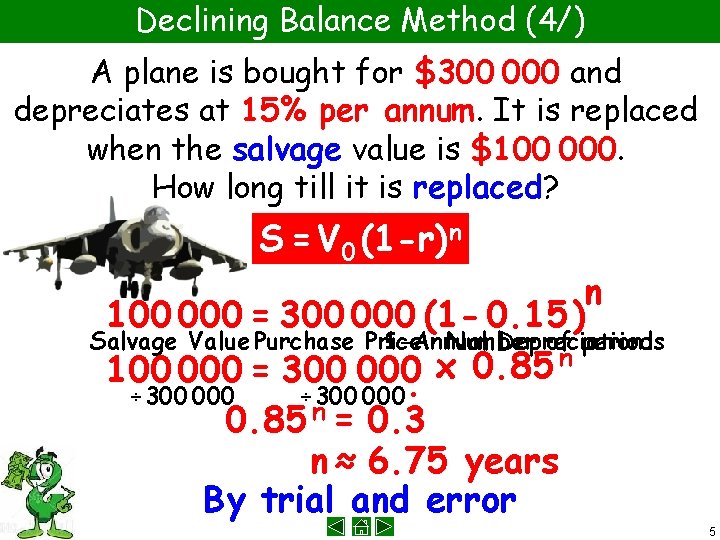 Declining Balance Method (4/) A plane is bought for $300 000 and depreciates at