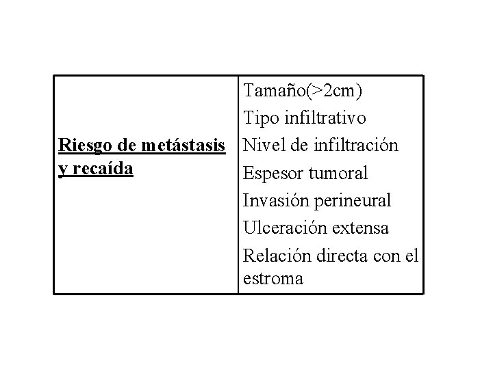 Tamaño(>2 cm) Tipo infiltrativo Riesgo de metástasis Nivel de infiltración y recaída Espesor tumoral