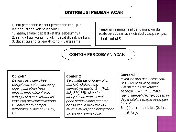 DISTRIBUSI PEUBAH ACAK Suatu percobaan disebut percobaan acak jika memenuhi tiga ketentuan yaitu: 1.