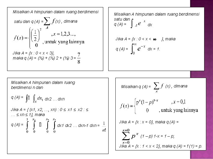 Misalkan A himpunan dalam ruang berdirnensi satu dan q (A) = (x) , dimana