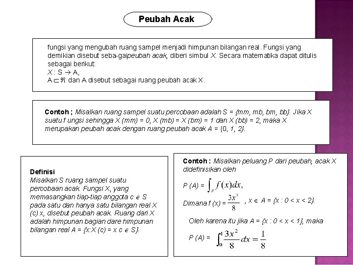 Peubah Acak fungsi yang mengubah ruang sampel menjadi himpunan bilangan real. Fungsi yang demikian