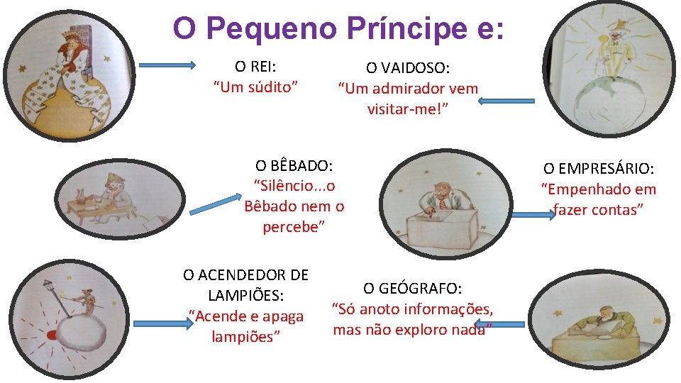 O Pequeno Príncipe e: O REI: “Um súdito” O VAIDOSO: “Um admirador vem visitar-me!”