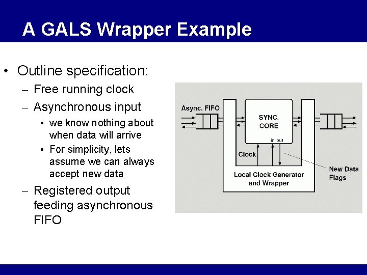 A GALS Wrapper Example • Outline specification: – Free running clock – Asynchronous input